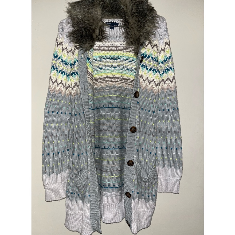 Gap Kids Long Sweater with Aztec pattern on the top with a faux fur trim.
